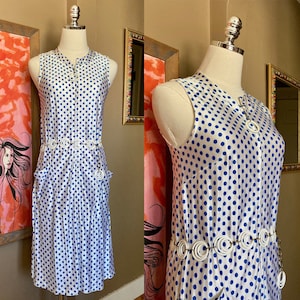 Vintage 60s Ultra Mod Polka Dot Shift Dress / 60s Mod Dress / 60s Polka Dot Dress / Blue & White Polka Dot Dress