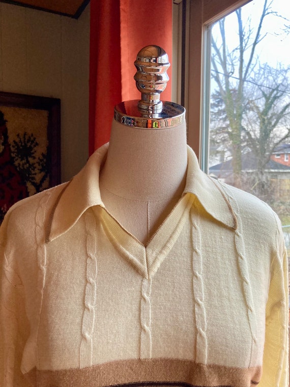 Vintage 70s/80s Men’s Cream & Brown Striped V-nec… - image 3