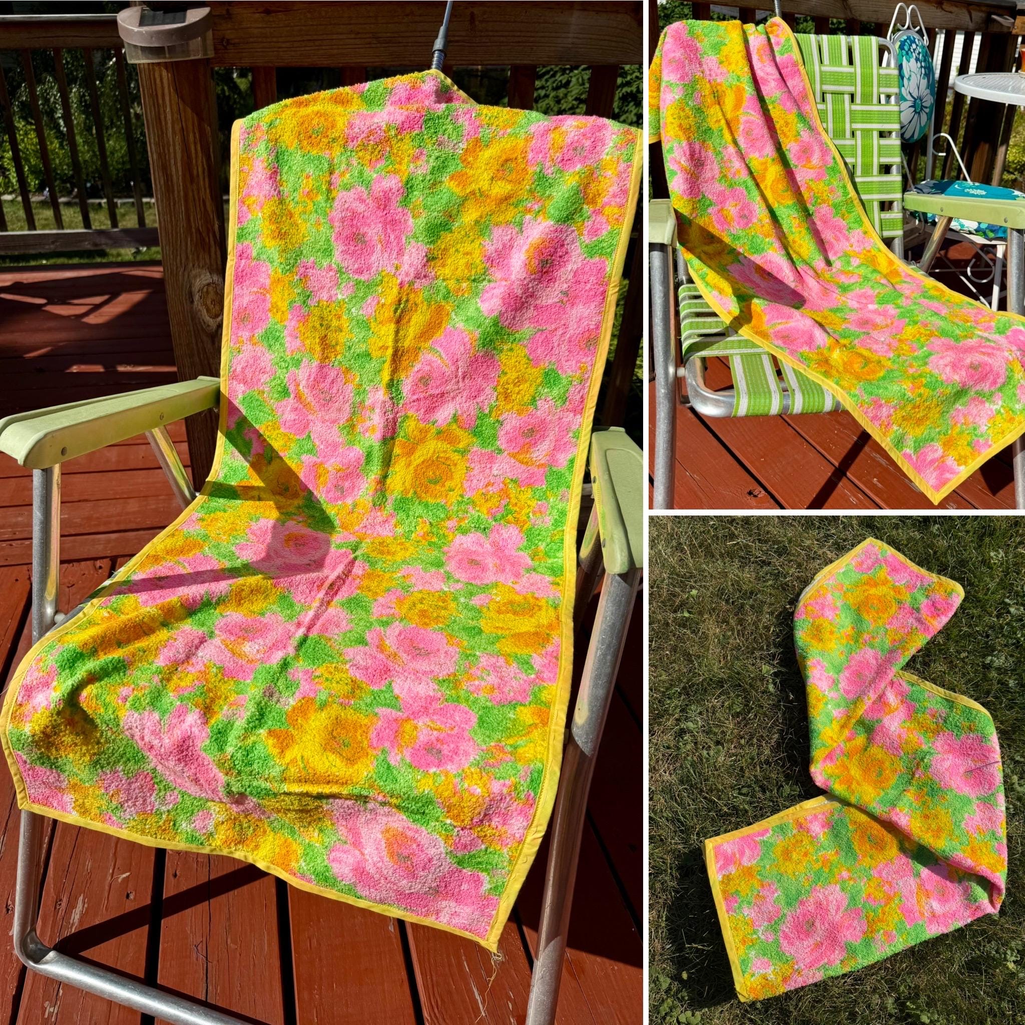 Vintage 70s Dayglo Floral Small Terrycloth Chair Cover / Vintage Mod Neon Flower Small Terry Beach Towel / Vintage Dayglo Flower Terrycloth