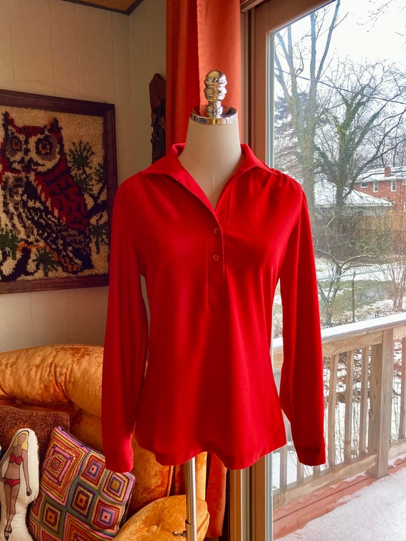 Vintage 70s Red Poly Button Down Lee Mar Blouse A… - image 10