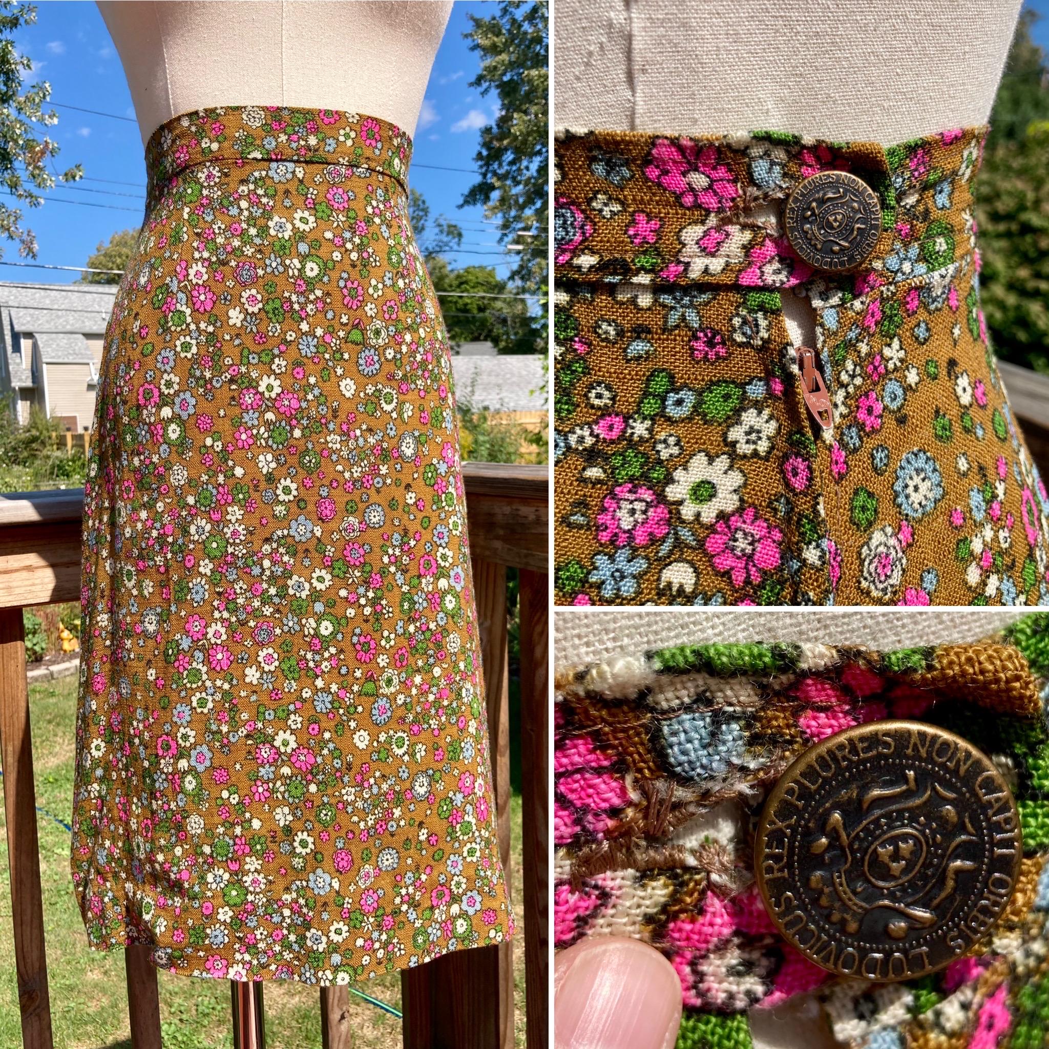 vintage green × pink two tone skirt Vintage Helene Straber White Pink Green Flower Floral Print