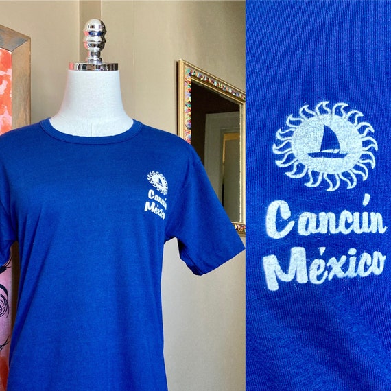 Vintage 70s Navy Blue Cancun Mexico Single Stitch… - image 1