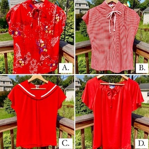 May include: Four red tops with different necklines and sleeve styles. The tops are hanging on a wooden railing. The tops are all red and have different patterns. The top on the left has a floral pattern, the top in the middle has a sailor collar, the top on the right has a gingham pattern, and the top on the bottom has a scoop neck.