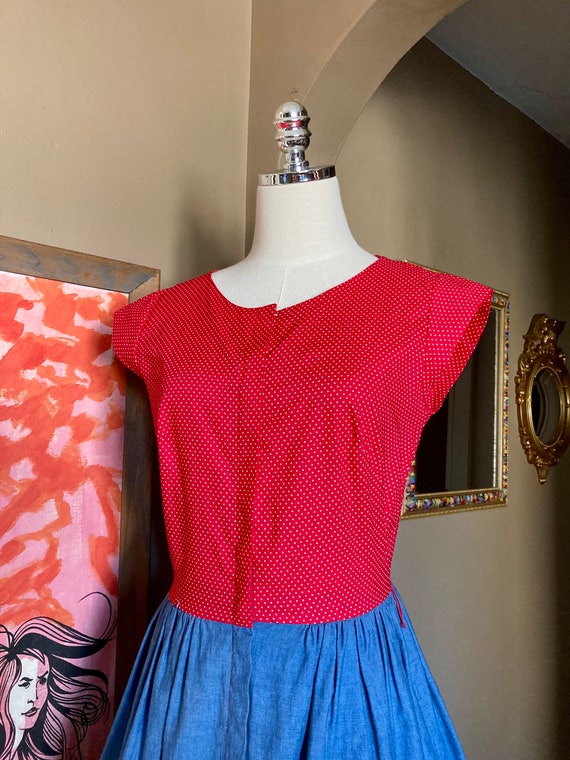 Vintage 50s Red Polka Dot & Chambray Fit and Flai… - image 3
