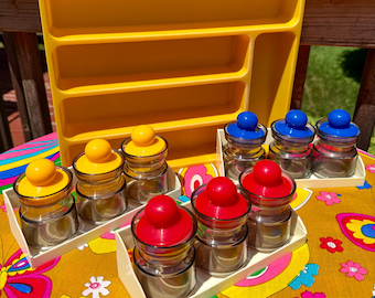 Vintage 70s Kitchen or Office Decor / Vintage Primary Colors Smoked Plastic Storage Jars / Yellow Max Klein Utensil Organizer
