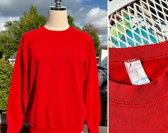 Vintage 80s Bright Red Tultex Raglan Sweatshirt / Vintage Blank Red Raglan Sweatshirt / Vintage Red Tultex Sweatshirt Tag Size Large