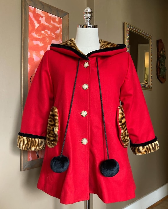 Vintage Red & Faux Tiger Print Coat / Vintage Red