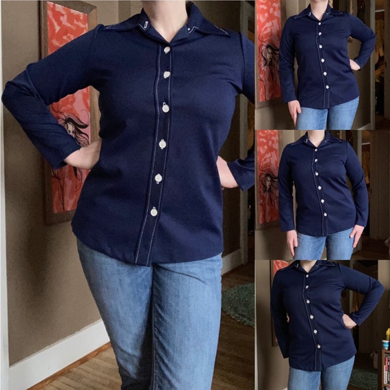 Nautical Preppy 1970s Navy Blue Tunic Oscar de la Renta Vintage Sailor Shirt