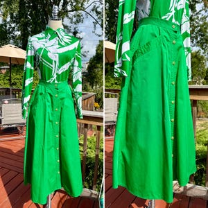 Deadstock Vintage 70s Green Rafaella Skirt with Deep Pockets / Vintage 70s Bright Green Button Up Skirt with Pockets