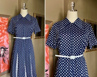 Vintage 70s Blue Polkadot Sears Dress / Vintage Sears Blue and White Polka Dot Dress / Vintage Polkadot Dress / 70s Sears Dress