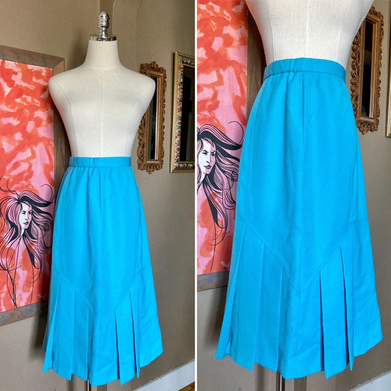 Vintage 70s Blue Pleated Midi Skirt / Vintage Blu… - image 1