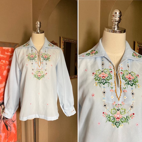 Vintage 70s Blue Embroidered Floral Blouse / Vint… - image 1