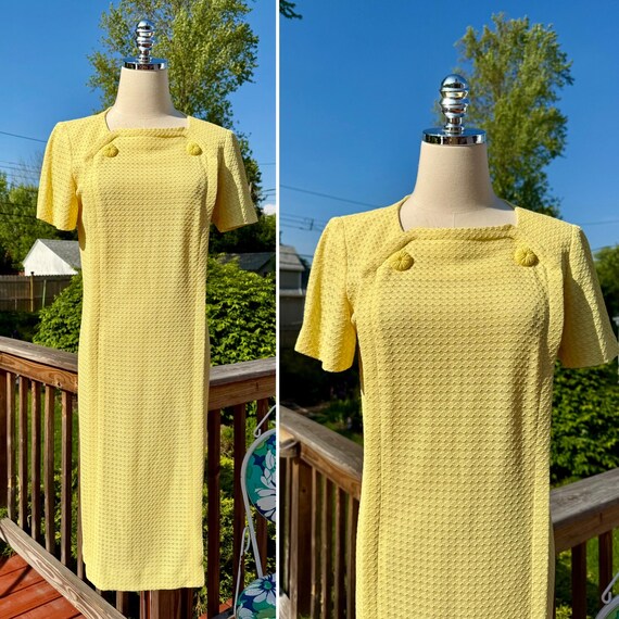 Vintage 60s Mod Yellow Textured Shift Dress with … - image 2