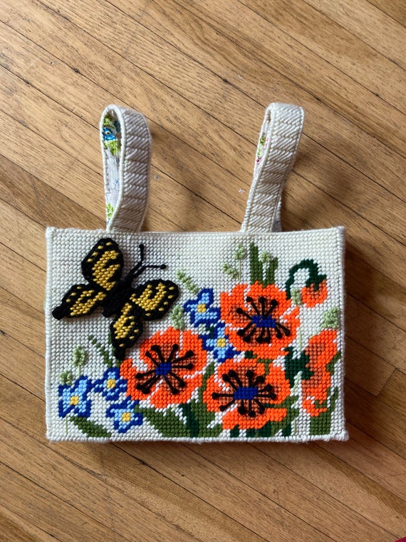 Vintage 70s Needlepoint Butterfly Purse / Vintage