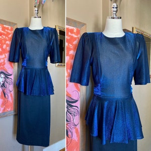 Vintage 80s GLAM Metallic Blue & Black Diamond’s Run by Wayne Diamond Draped Peplum Dress / Vintage 80s Metalic Blue Peplum Dress