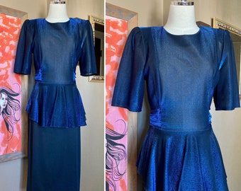 Vintage 80s GLAM Metallic Blue & Black Diamond’s Run by Wayne Diamond Draped Peplum Dress / Vintage 80s Metalic Blue Peplum Dress