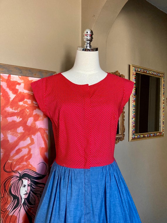 Vintage 50s Red Polka Dot & Chambray Fit and Flai… - image 8