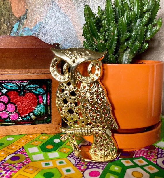 Vintage 70s Gold Owl Earring Holder / Vintage Gold