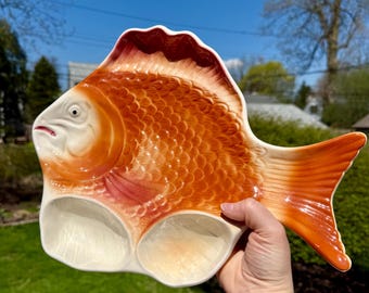 Mid Century Orange & Cream Ceramic Divided Fish Platter / Large Vintage Made in USA Divided Ceramic Fish Plate