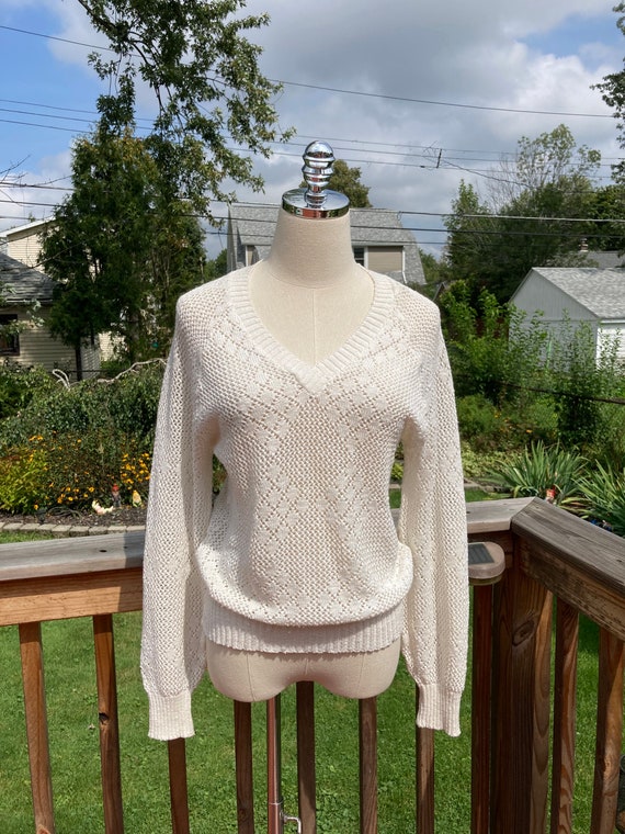 Vintage 70s Cream Loose Knit Sweater / 70s White … - image 9