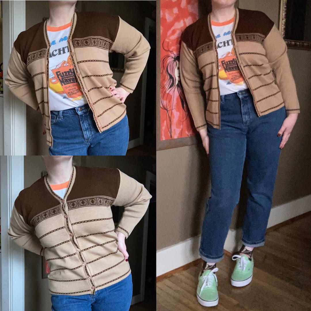 Vintage 60s Brown Striped Geometric Cardigan / 60s Brown Vintage 60s Brown Striped Geometric Cardigan / 60s Brown