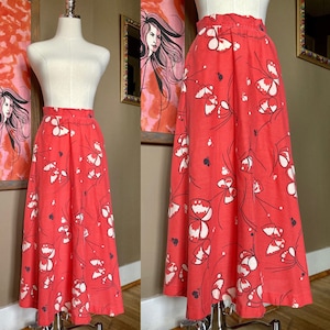 Vintage 70s Handmade Red & White Butterfly Skirt / Vintage 70s Handmade Sheet Skirt / Vintage Red Butterfly Full Skirt