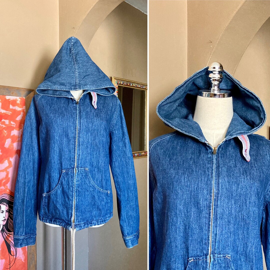 Vintage 70s Hooded Zip up Jean Jacket / Vintage Hooded Jean Jacket