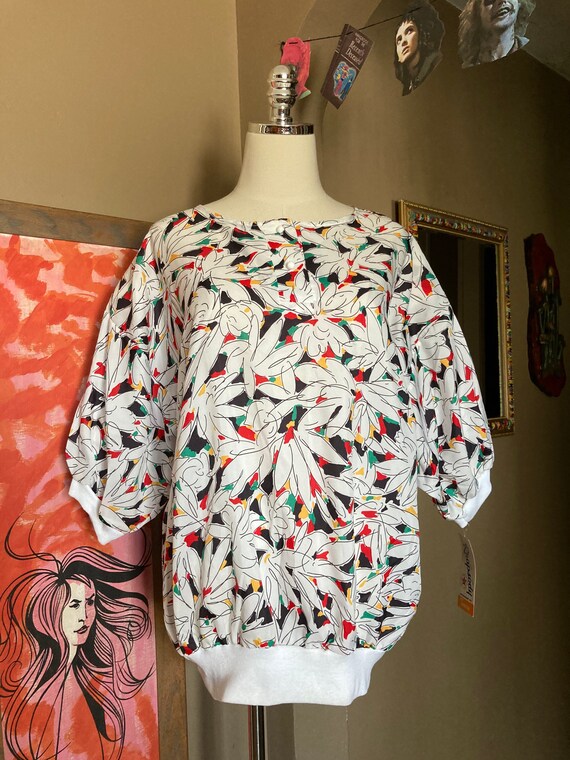 DEADSTOCK Vintage 80s Flowy White Floral Blouse /… - image 9