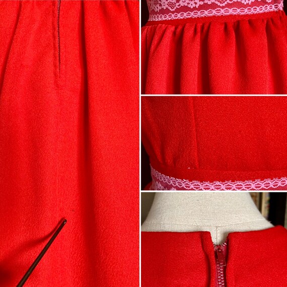 Vintage 70s Red Polyester & Lace Mini Dress / Vin… - image 9