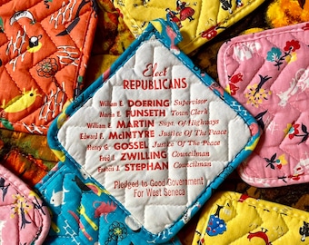 Vintage Colorful Kitschy Political Novelty Print Pot Holders / Vintage Political Hot Pads / Vintage Political PotHolders