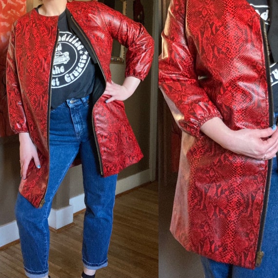 Vintage 60s Mod Red & Black Faux Snake Skin Coat … - image 1