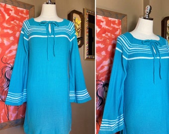 Vintage 70s Blue & White Striped Bell Sleeved Sweater Dress / 70s Blue Sears Sweater Dress / Vintage Blue Sears Sweater Dress