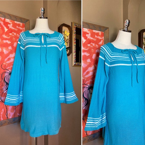 Vintage 70s Blue & White Striped Bell Sleeved Swe… - image 1