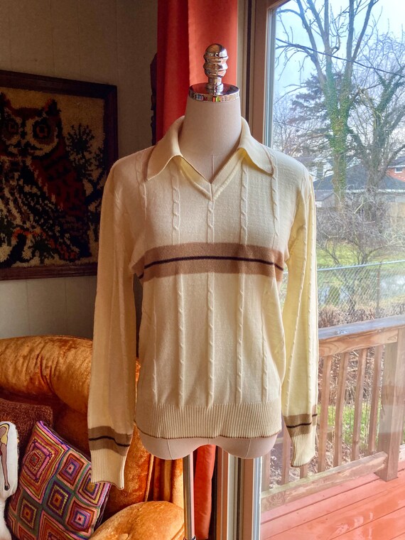 Vintage 70s/80s Men’s Cream & Brown Striped V-nec… - image 2