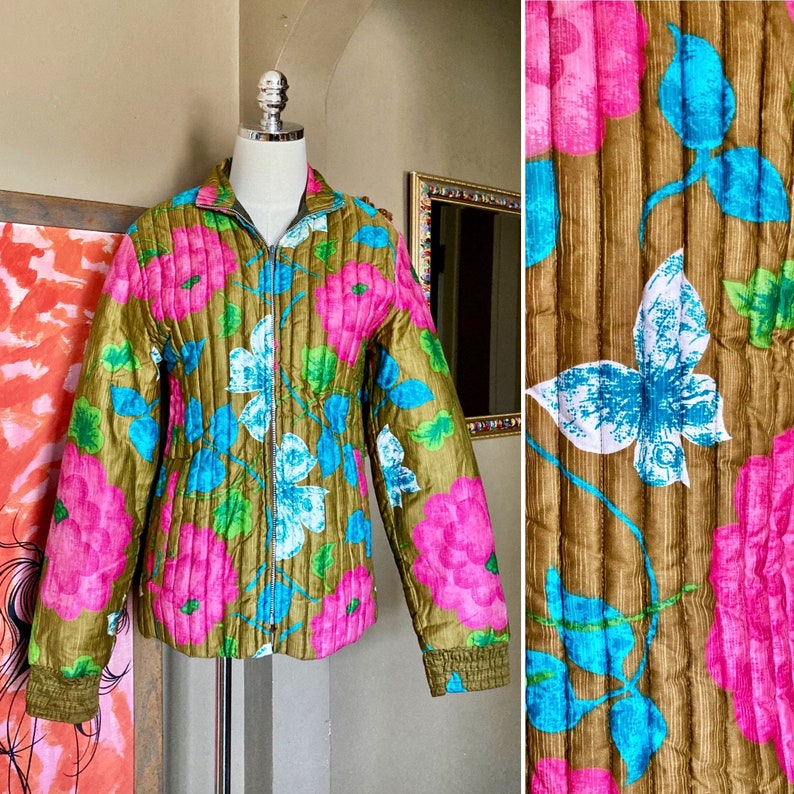 Rare Vintage 60s Mod Flower & Butterfly Quilted Puffy Jacket / Vintage 60s Mod Floral Coat / 60s Quilted Psychedelic Puffer Jacket Small image 1