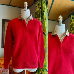 Vintage 80s Red Pullover Sweater with Khaki Snap Collar / Vintage 80s Red Acrylic Knit Pullover Sweater / 80s Red & Brown Pullover Sweater