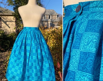 Vintage 50s/60s Blue Novelty Print Skirt / Vintage Mid Century Novelty Print Skirt / Vintage Novelty Full Skirt