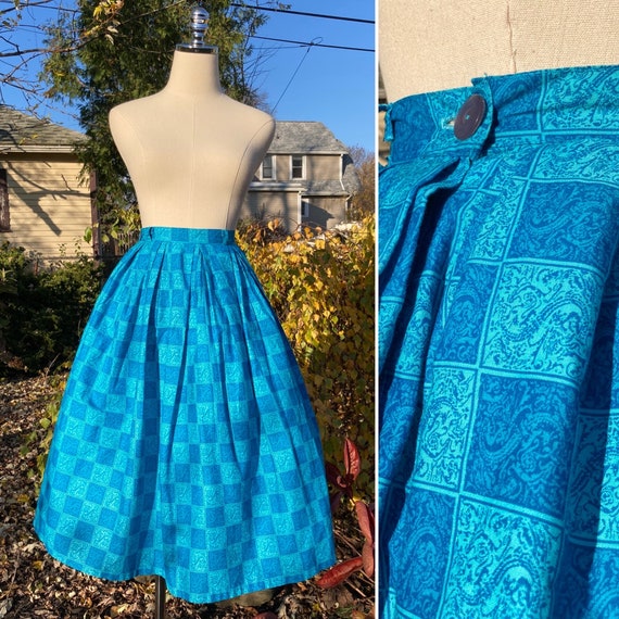 Vintage 50s/60s Blue Novelty Print Skirt / Vintag… - image 1