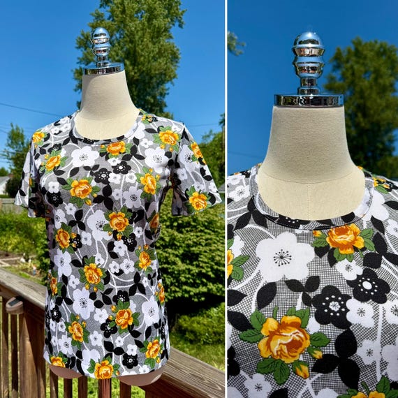 Vintage 70s Black & Yellow Floral Poly Top / Vintage 70s Black Floral Short Sleeved Top / Vintage 70s Floral Tee