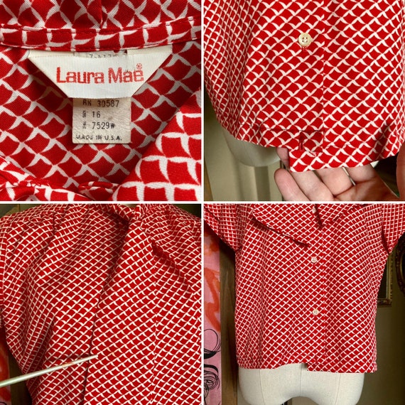 Vintage 70s Red & White Patterned Pussybow Blouse… - image 9