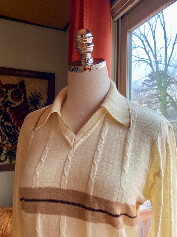 Vintage 70s/80s Men’s Cream & Brown Striped V-nec… - image 9