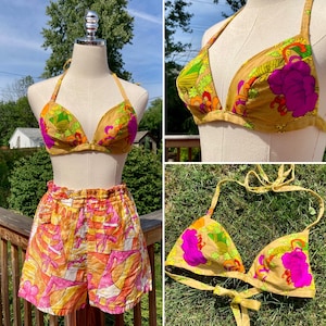 Vintage 60s/70s Psychedelic Flower Power Bikini Top Only / Vintage Mod Fkower Bikini Bathing Suit Top / Mod Vintage Floral Bikini Top S/M
