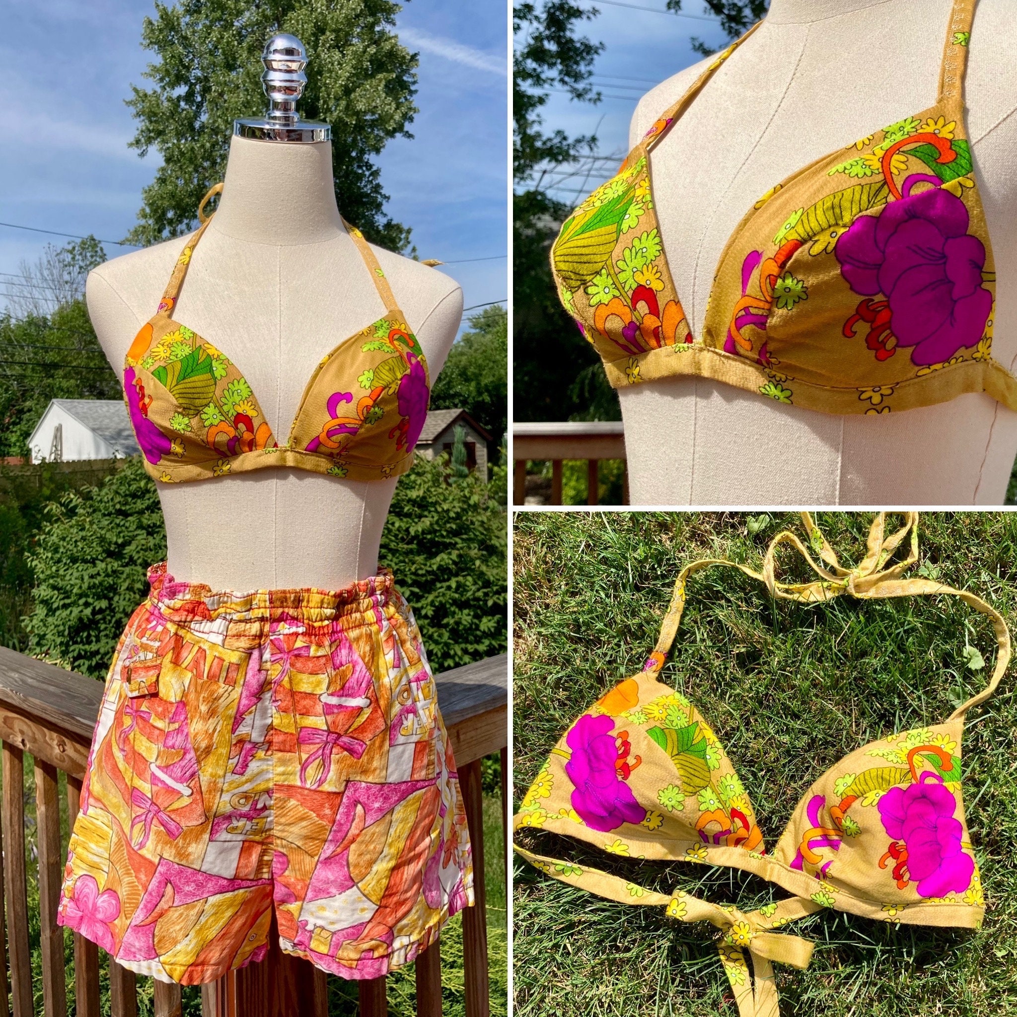 Vintage 60s/70s Psychedelic Flower Power Bikini Top Only