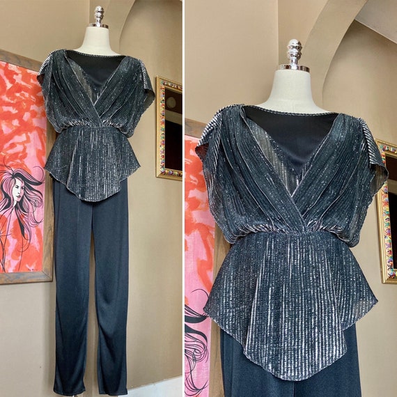 Vintage 80s Metallic Silver & Black Draped Nuance Jumpsuit / - Etsy