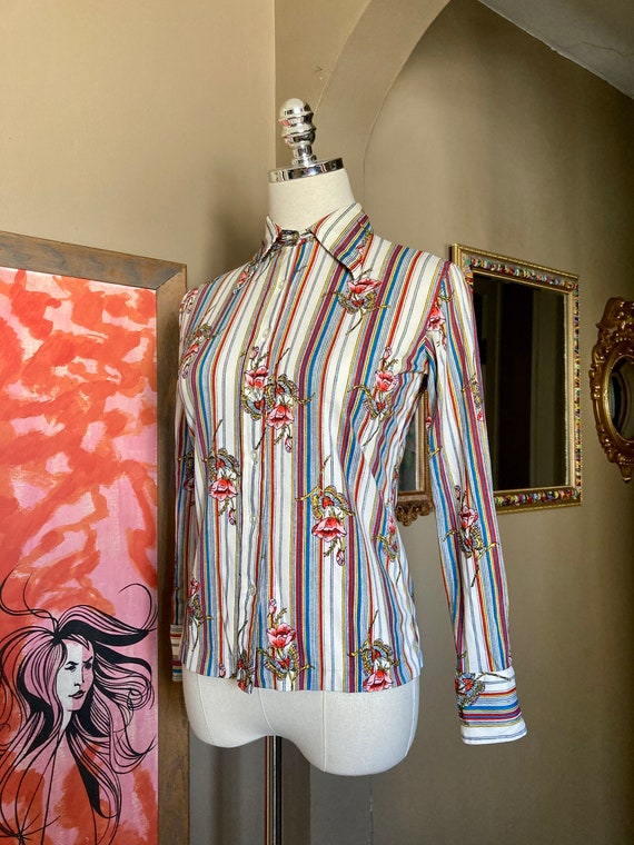 Vintage 70s Striped Butterfly Floral Button Down … - image 8