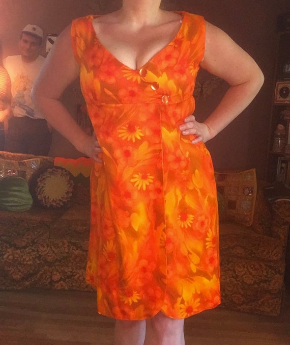 Vintage 60s Hot Orange Floral Dress / 60s Orange H