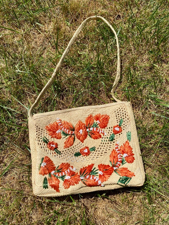 Vintage 60s Floral Woven Straw Purse / Vintage 60… - image 3