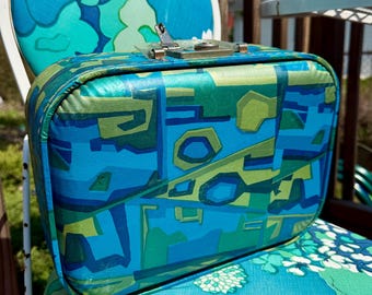 Vintage 60s Mod Blue & Green Small Suitcase / Small Vintage Psychedelic Suitcase / Vintage 60s Blue and Green Travel Case