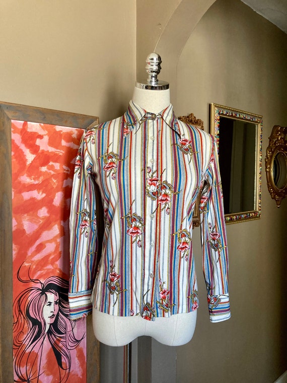 Vintage 70s Striped Butterfly Floral Button Down … - image 2