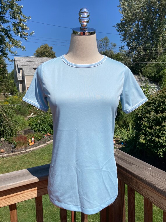 Vintage 1970s Light Blue White Ringer Top Vintage Blue